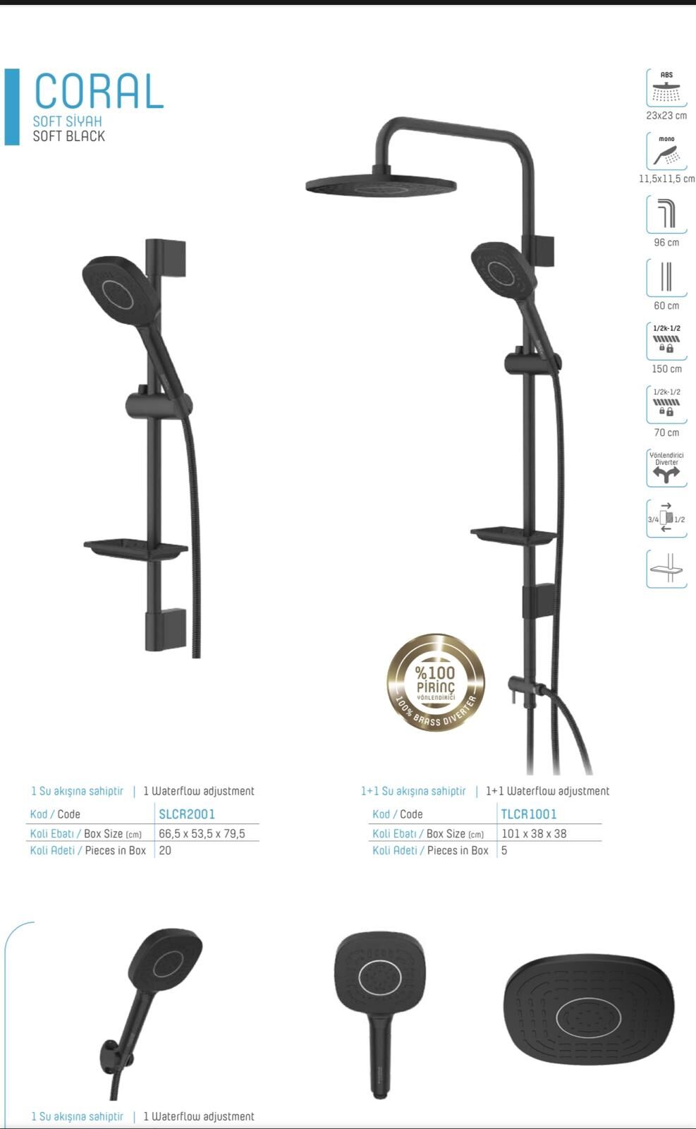 Coral Soft Siyah Tepe Yağmurlama Duş Sistemi Duş Seti 5 Yıl Garantili