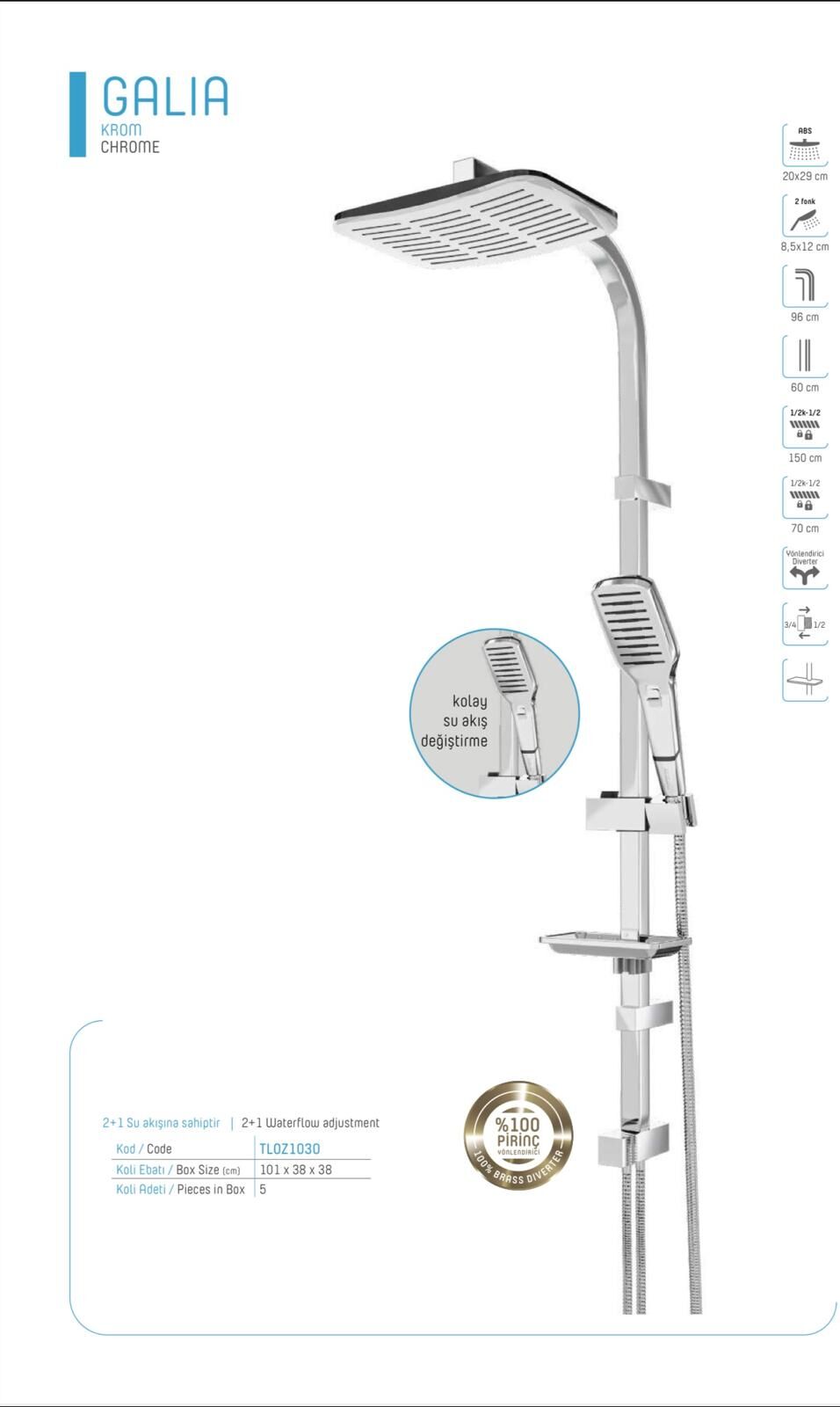 Galia Krom Tepe Yagmurlama Duş Sistemi Duş Seti 5 Yıl Garantili
