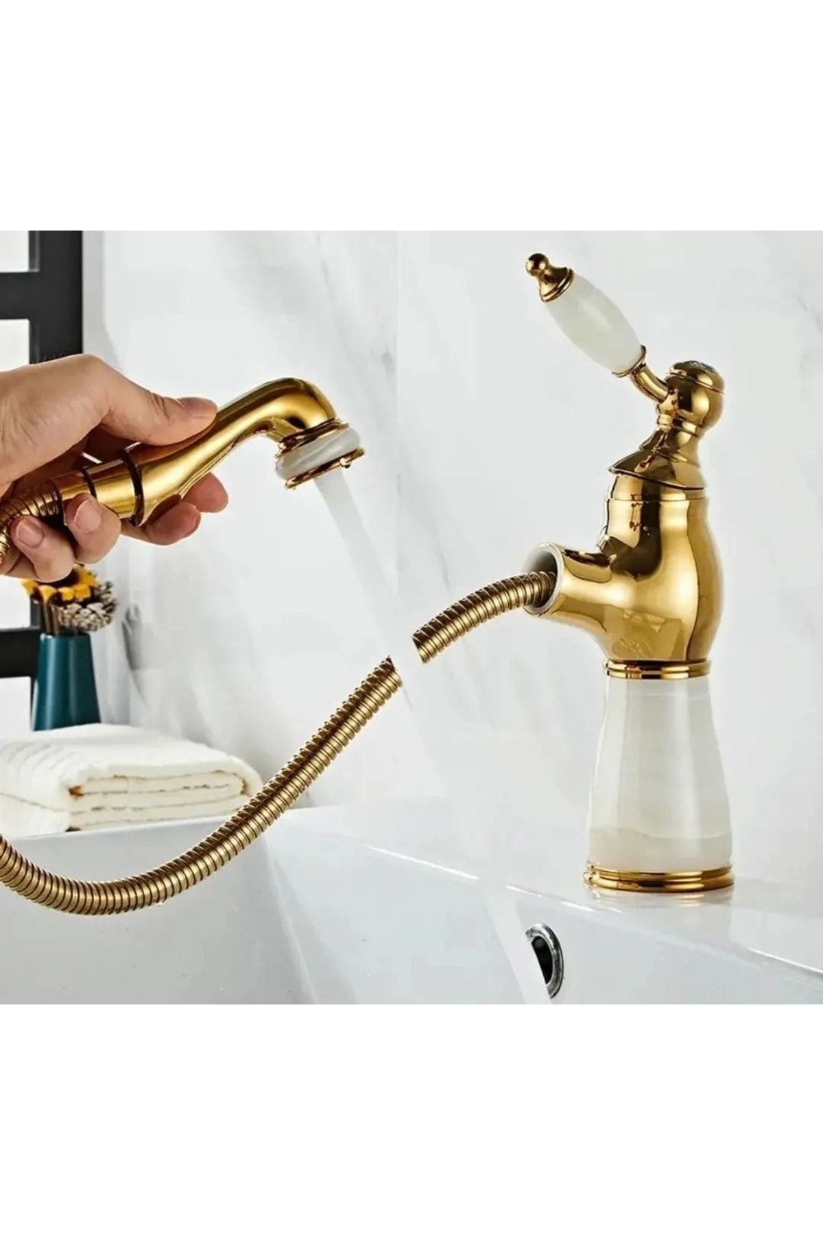 Gold Spiralli Lavabo Bataryası Vintage Tasarım Mermerli Spiralli Lavabo Musluğu