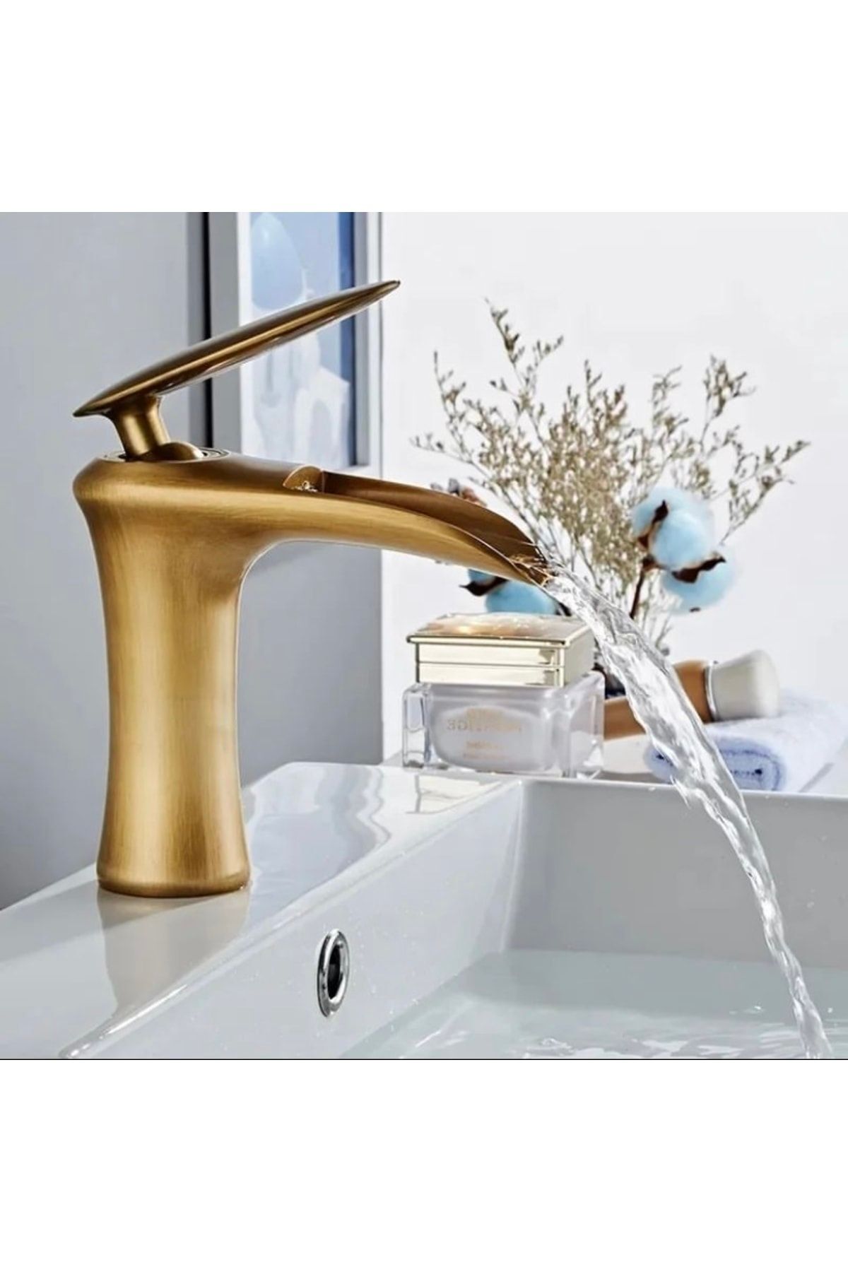 Antik Gold Lavabo Bataryası Şelale Musluk Mat Gold Doğal Akışlı Lavabo Musluğu